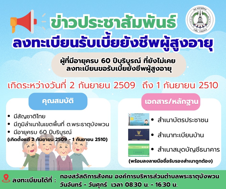 ขอเชิญชวนผู้ที่มีอายุครบ 60 ปีบริบูรณ์ และยังไม่เคยลงทะเบียนรับเบี้ยยังชีพผู้สูงอายุ มาดำเนินการลงทะเบียน เพื่อรับสิทธิ์สวัสดิการจากภาครัฐ